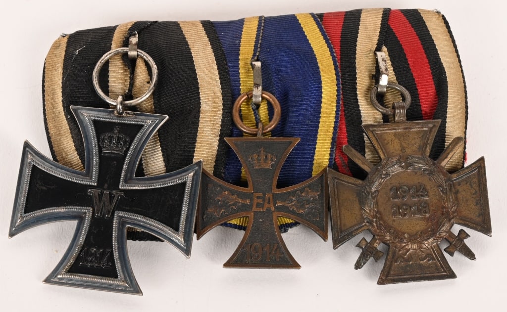 WWI IMPERIAL GERMAN 3 PLACE MEDAL BAR WW1: 3 place medal bar with Imperial German Iron Cross Second Class. 1914 pattern, die struck, three piece, iron and alloy construction Pattée style cross with a single piece iron core and two piece
