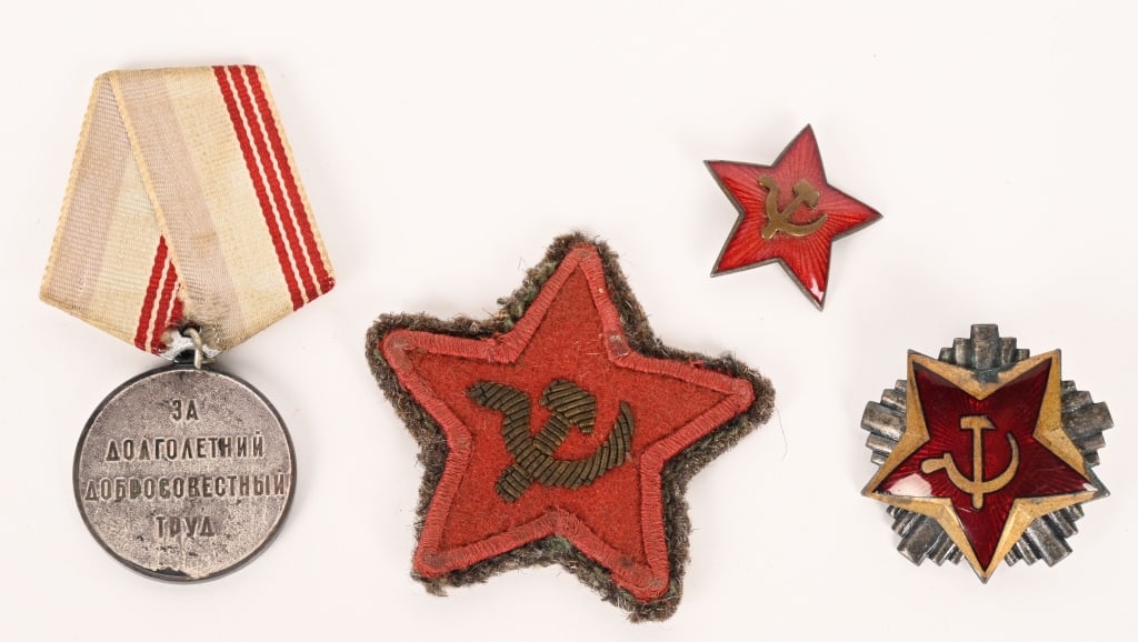 WWII & POST SOVIET UNION INSIGNIA LOT YUGOSLAVIA: Lot of Soviet Union items to include 1) Soviet Veteran of Labour Medal 2) Red Army Side Cap Pilotka Hat Badge 3) Soviet Commissar Sleeve Star 4) Yugoslavia Police Officer Cap Badge