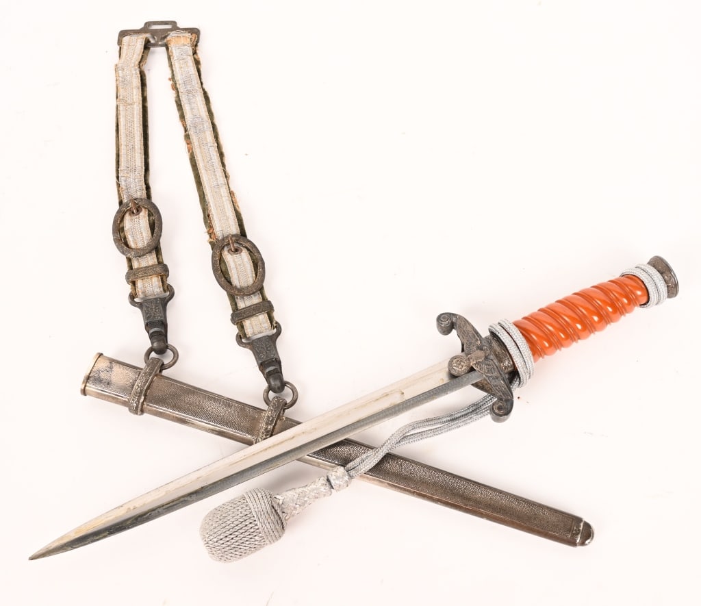 WWII NAZI GERMAN OFFICER DAGGER BY HORSTER WW2: The dagger features a roughly, 26cm long, drop forged steel construction, nickel/silver plated, stiletto style blade with a flat central ridge. The blade is in overall good condition with minor scabba