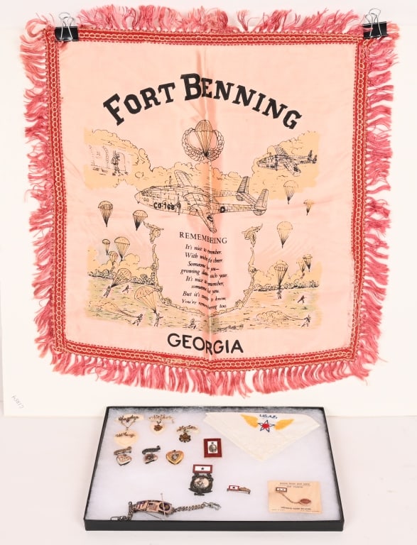 WWII US SWEETHEART LOT US NAVY USMC CBI SERVICE: Lot of 13 Sweetheart Jewelry to include Son In Service Photo Badges, Mother of Pearl Pins, CBI Bracelet with enamel and a hankie from the USAF. Lastly a Fort Benning Paratrooper pillow cover