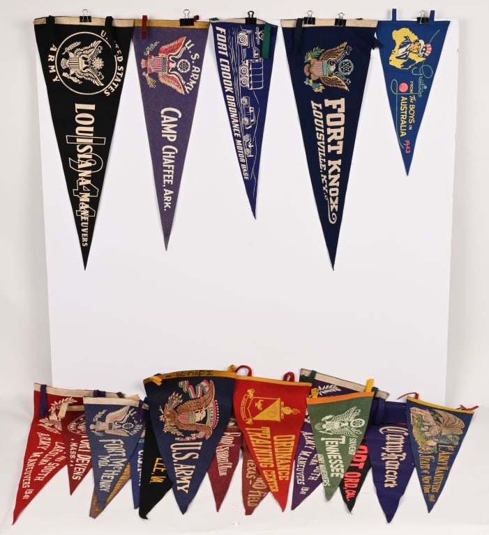 WWII US ARMY FELT MILITARY PENNANTS LOT UNCLE SAM: Lot of WWII US Military Felt Pennants to include 1) Green Felt Pennant that reads SOUVENIR TENNESSEE ARMY MANEUVERS with a large Federal Eagle. Pennant measures 24 X 8 1/2 and is in mint condition 2)