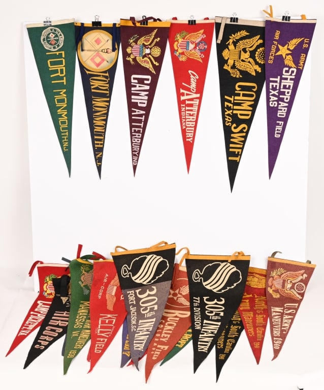 WWII US ARMY FELT MILITARY PENNANTS LOT AIR CORPS: Lot of WWII US Military Felt Pennants to include 1) Black and Gray Felt Pennant that reads 305th INFANTRY FORT JACKSON, S.C. with a large insignia of the unit. Pennant measures 29 X 12 and is in excel
