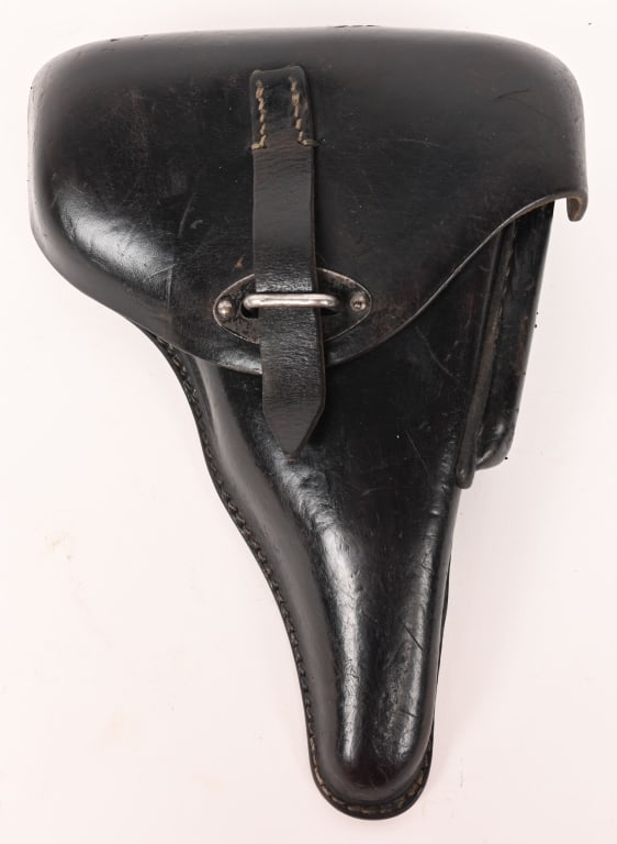 WWII NAZI GERMAN P38 HARD SHELL HOLSTER WW2: Black leather clam shell holster marked "P-38" "bdr 43" Richard Ehrhardt Lederwarren Fabrik and is waffenamt. Leather holster remains supple and the stitching is solid.