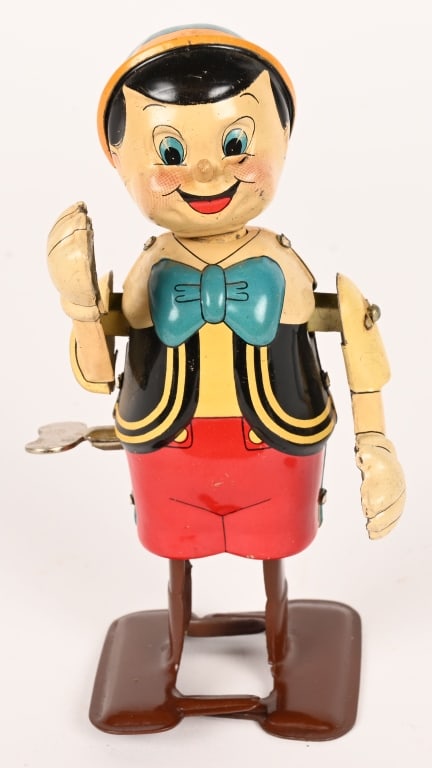 LINEMAR TIN WINDUP PINOCCHIO: All original and complete with nose. Great condition. Works. 6" Excellent Provenance: Don Hultzman Collection