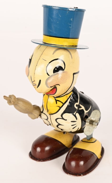 LINEMAR TIN WINDUP JIMNEY CRICKET: All original and complete with umbrella. Great shape. Windup works. 6" Excellent Provenance: Don Hultzman Collection