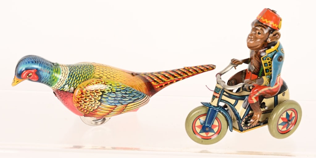 GERMAN TIN WINDUP MONKEY ON TRIKE & PHEASANT (1 of 5)