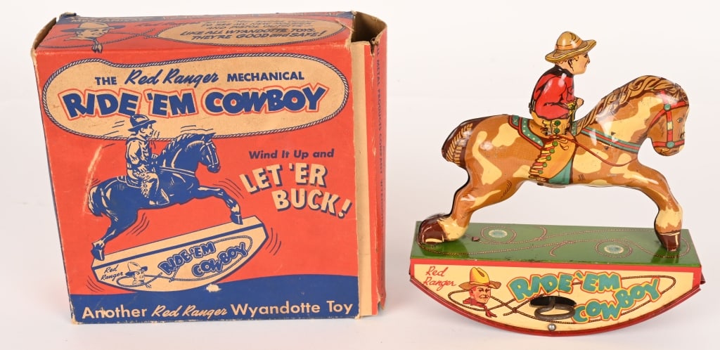 WYANDOTTE TIN WINDUP RED RANGER COWBOY w/ BOX: All original in great shape. Nice colors. Windup works. Boxed 6 1/2" Excellent Provenance: Don Hultzman Collection
