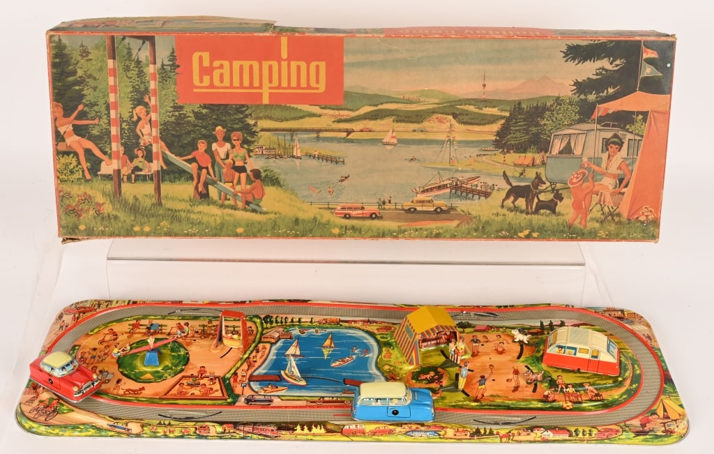 TECHNOFIX WINDUP CAMPING w/ BOX: All original with great colors. Comes with 2 Cars. Looks never played with condition. Windups work. Boxed 29" Excellent Provenance: Don Hultzman Collection