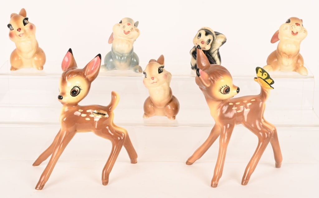 AMERICAN POTTERY BAMBI & FRIENDS: Includes 2- Bambi , Thumper. Flower, and 3- Blossom Figures. All in great shape. many with tags. Largest 9" Excellent Provenance: Don Hultzman Collection