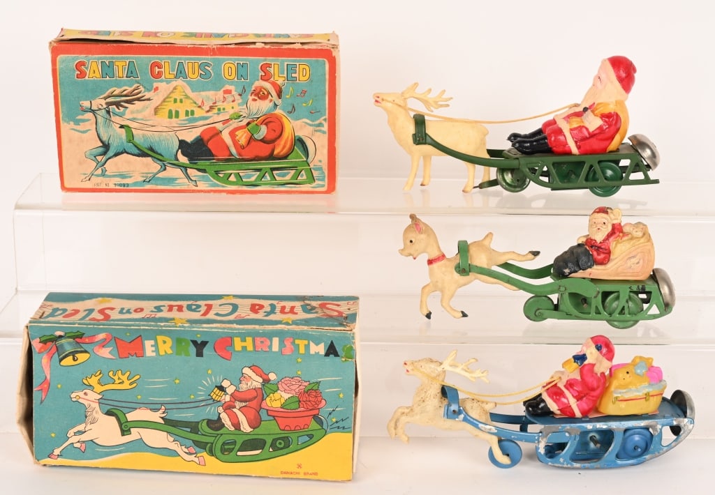 3- CELLULOID & TIN WINDUP SANTA SLEIGHS, 2 w/ BOX (1 of 4)