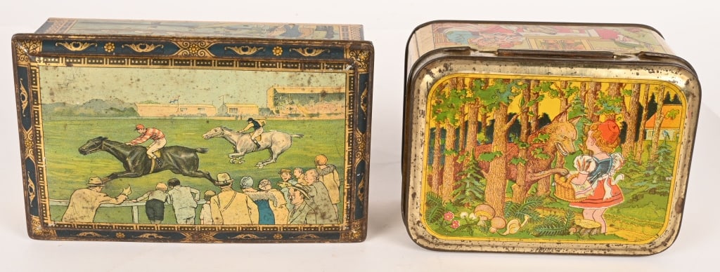RED RIDING HOOD & JOCKEYS BISCUIT TINS: Both in nice condition with great graphics. Largest 9" Very Good-Excellent