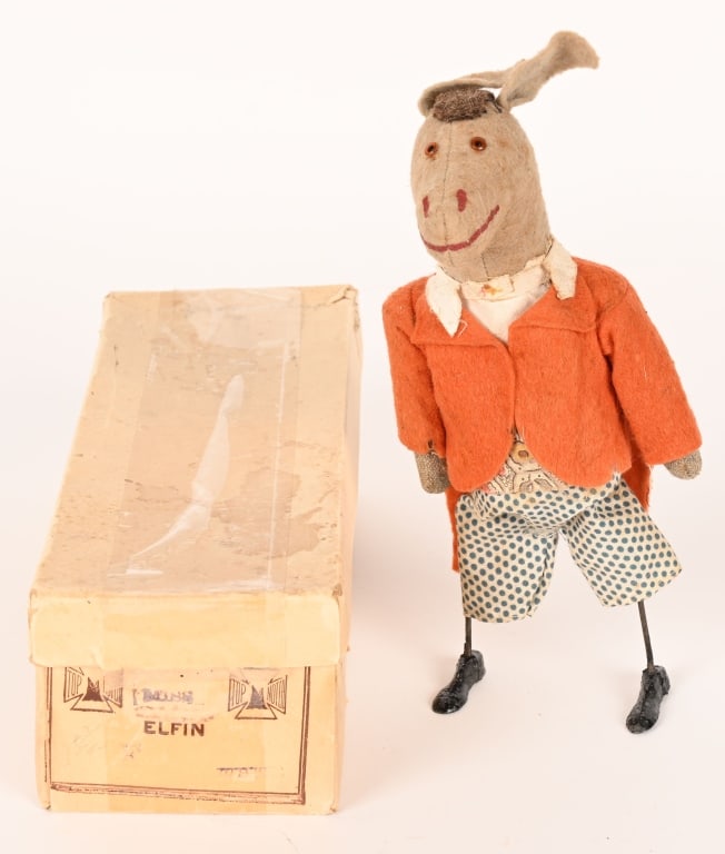 GERMAN WINDUP DONKEY w/ LEAD FEET: All original felt body dressed Donkey. Windup works. Comes with Box. 10" Excellent
