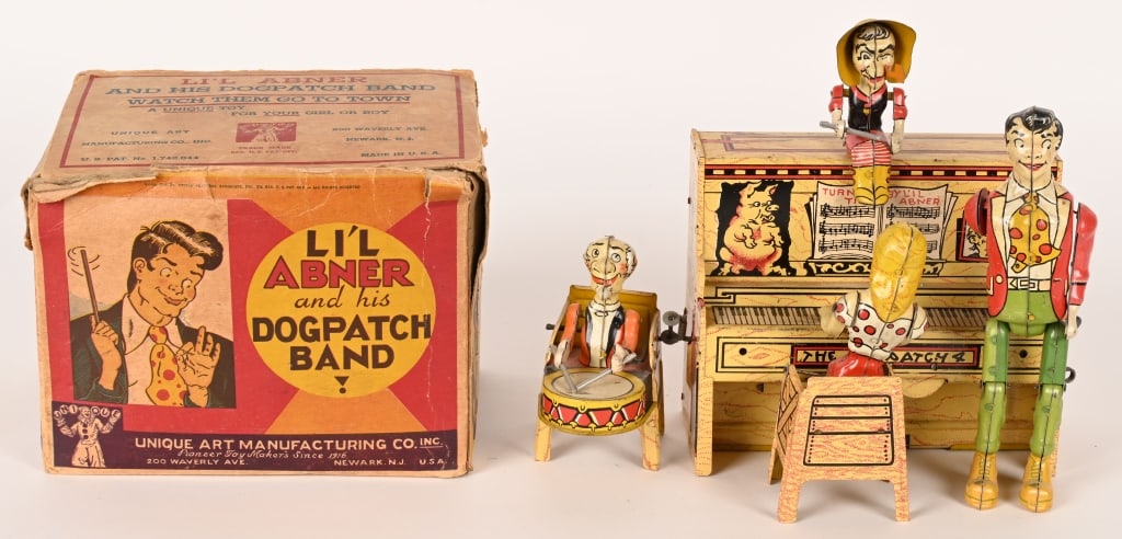 UNIQUE ART TIN WINDUP LIL ABNER BAND w/ BOX: All original and complete. Nice condition. Windup works. Boxed 8" Excellent