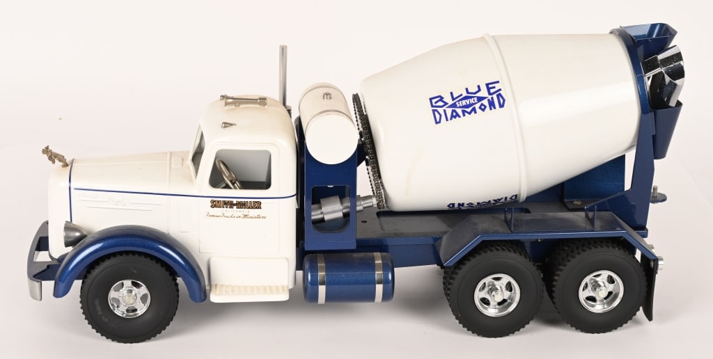FRED THOMPSON SMITH MILLER CEMENT TRUCK: Wonderful looking Smith Miller Blue Diamond Cement Truck. Never played with condition. Great details. 19" Excellent