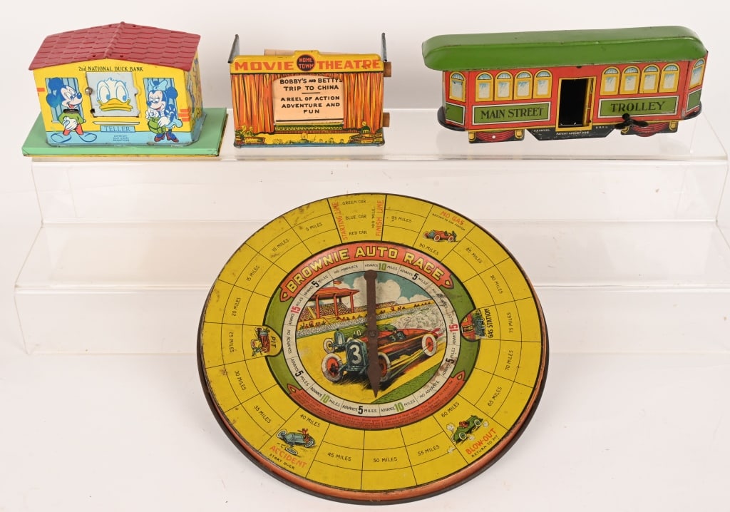 LOT OF TIN TOYS: includes Disney Bank, Marx Movie Theater, Nifty Trolley missing wheels, and Brownies race game. Most in great shape. AS-IS