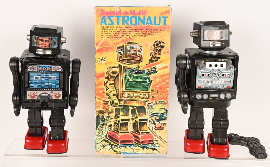 2- HORIKAWA BATTERY OP ROBOTS: Both all original. Swivel-Matic has loose arm. Comes with Box lid. 12" AS-IS