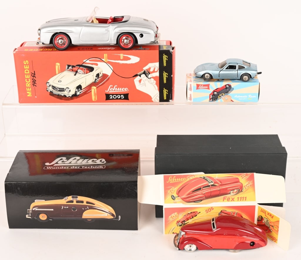 3- SCHUCO REISSUE CARS w/ BOX: Includes Mercedes 190SL, Fex 1111, and Opal GT Automatic Racer. All never played with in Boxes. Largest 11" Excellent