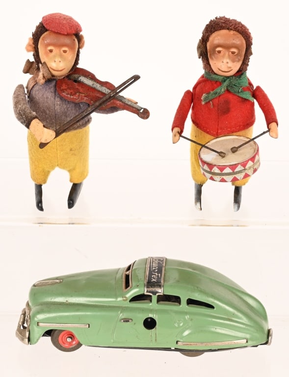 3- SCHUCO TOYS: Includes 2 Monkeys and Flex 1111 Car. All in original condition and work. Largest 5 1/2' Excellent