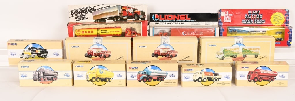 12 CORGI, LIONEL, FUNRISE AND INTEX DIE CAST: This lot contains 1 each, unless otherwise noted, 1 each of: 97891 The Billy Smarts AEC Mercury Truck & Trailer 97980 ERF Elliptical Tanker ESSO 97162 Atkinson Elliptical Tanker Pollock of Musselburgh
