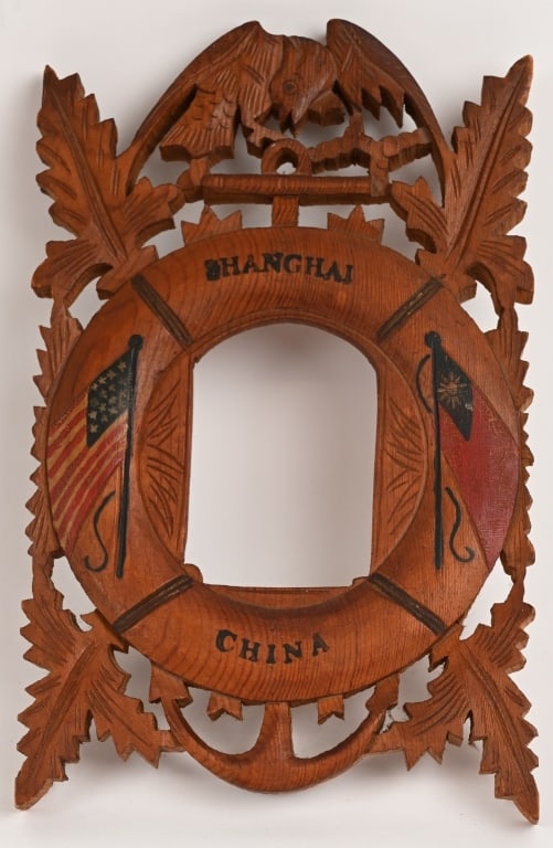 CHINA MARINE HAND CARVED WOOD PICTURE FRAME W FLAG (1 of 2)