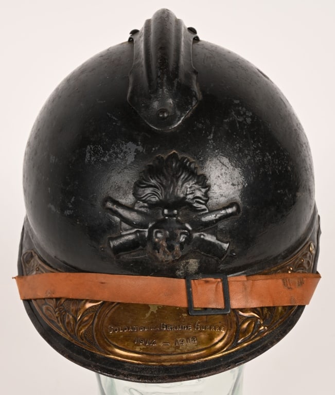 WWI FRENCH ADRIAN HELMET WITH VETERANS VISOR PLATE (1 of 7)