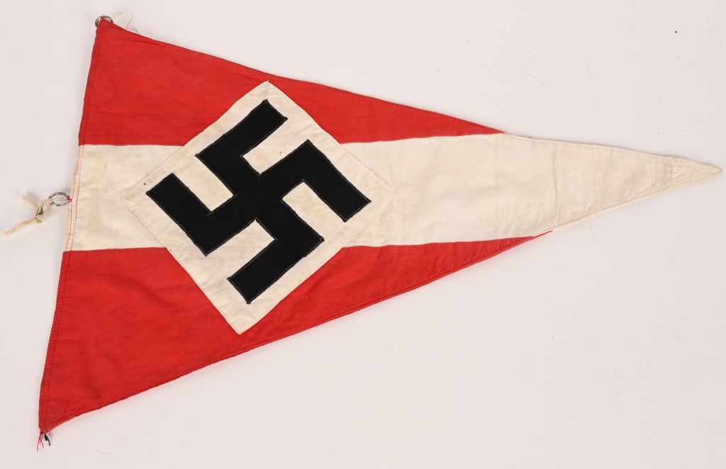 WWII NAZI GERMAN HITLER YOUTH PENNANT HJ WW2: German WWII Hitler Youth HJ Rally Pennant. Measures 16" X 23". Multi piece machine sewn cotton double sided construction. having a Hitler Youth Diamond on a red field with a white stripe running down 