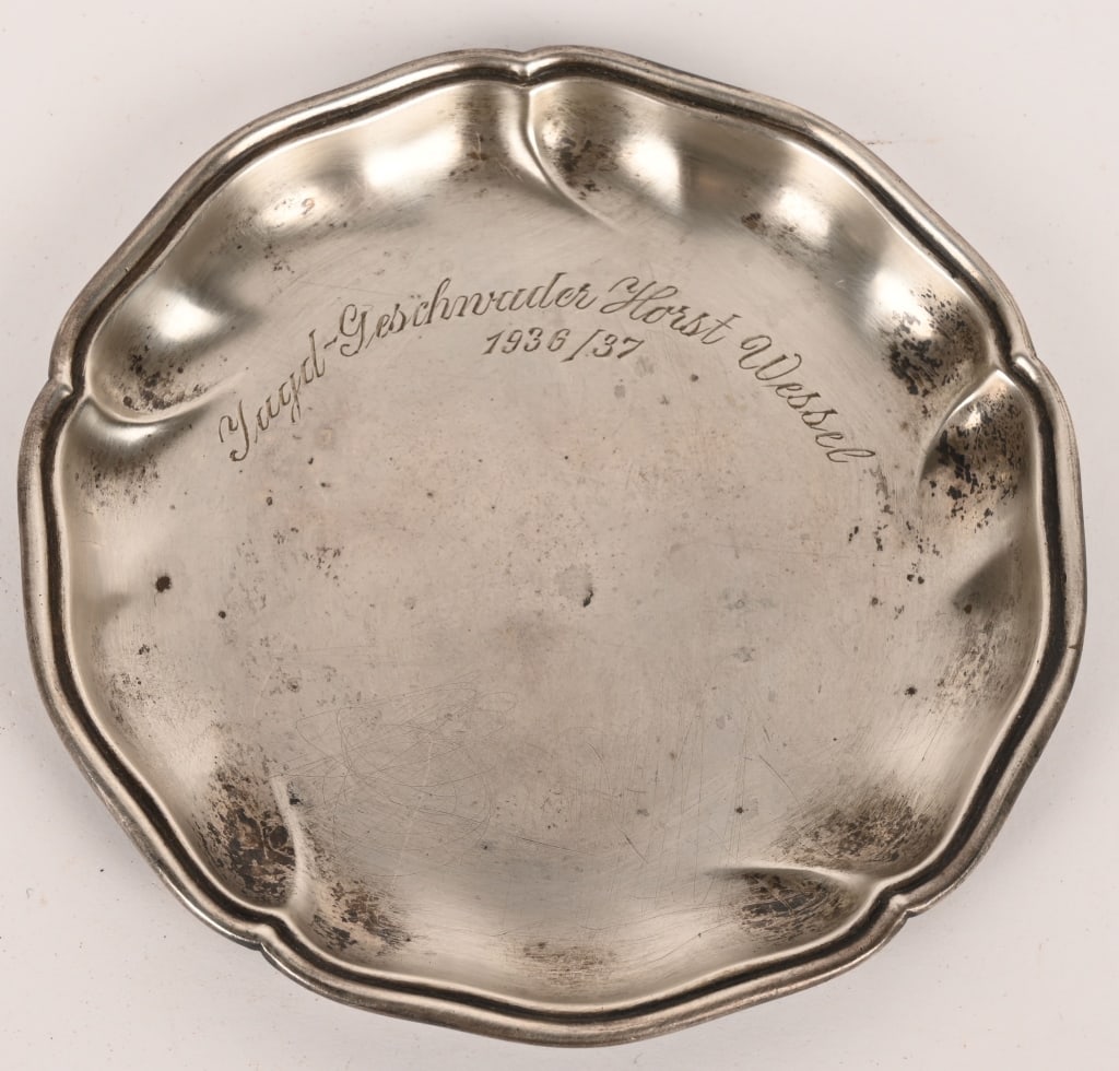 WWII NAZI GERMAN LUFTWAFFE PLATE HORST WESSEL WW2: Small silvered plate measuring 4 inches in diameter with the inscription Jagdgeschwader Horst Wessel 1936/37 Fighter Wing Horst Wessel 1936/37. Excellent. Jagdgeschwader 134 (JG 134) "Horst Wesse