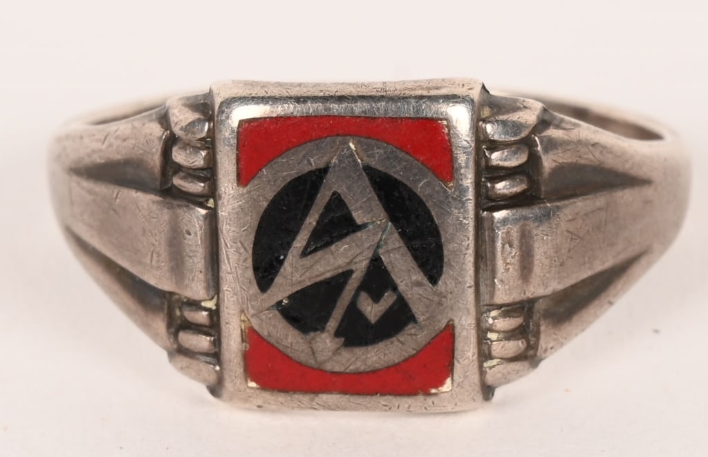 WWII NAZI GERMAN SA MEMBER'S SILVER RING W RUNES: WWII Nazi German SA Member's ring in German Silver with SA runes inset to the center. Roughly a size 7. Excellent. The Sturmabteilung Storm Division or Storm Troopers was the original paramilitary win