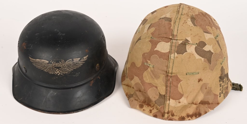 WWII & KOREAN WAR HELMET LOT LUFTSCUTZ M1 WW2: Lot of two helmets to include 1) WWII NAZI LUFTSCHUTZ BEADED M38 GLADIATOR HELMET. The three piece, stamped, sheet steel construction Luftschutz M38 "Gladiator" style helmet retains a most of its