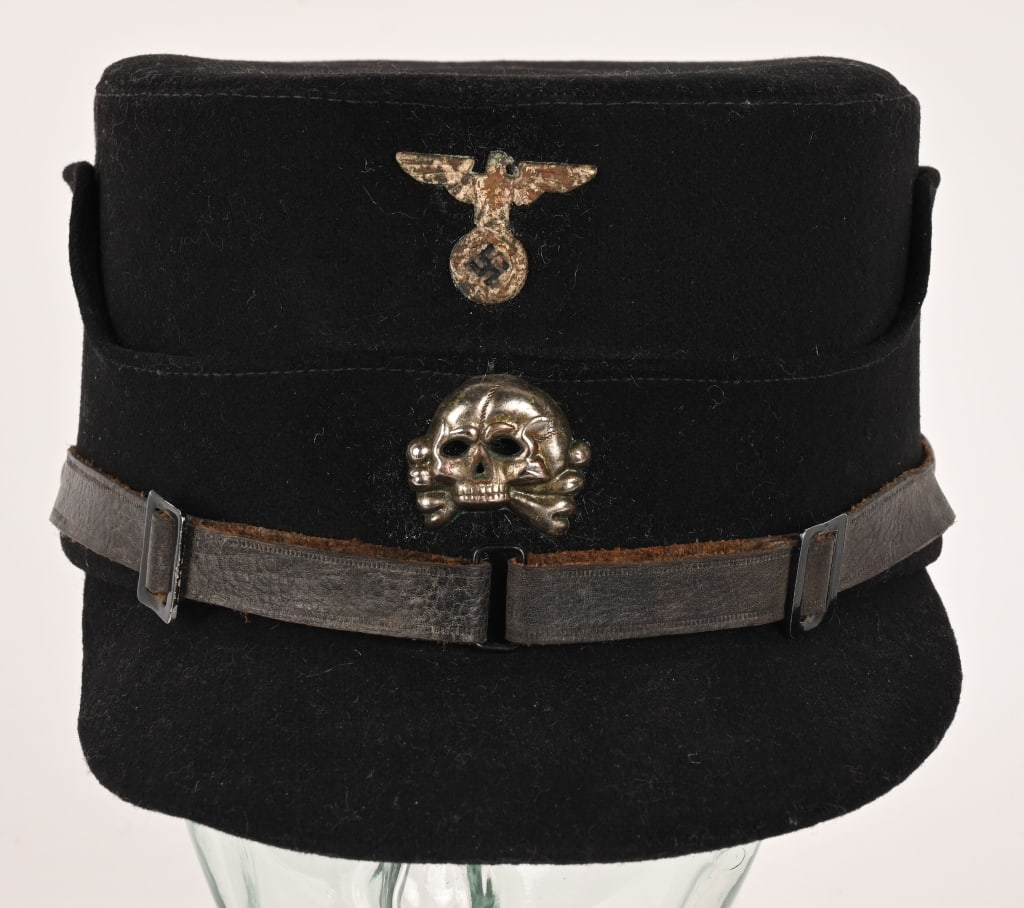REPO PRE WWII ALLGEMEINE SS KEPI SCHAFTMUTZE: Reproduction Allgemeine SS Schaftmütze (Käppi/Kepi). Complete with its SS insignia. The skull is a typical early jawless example. To the interior is a full leather sweatband and is size mark