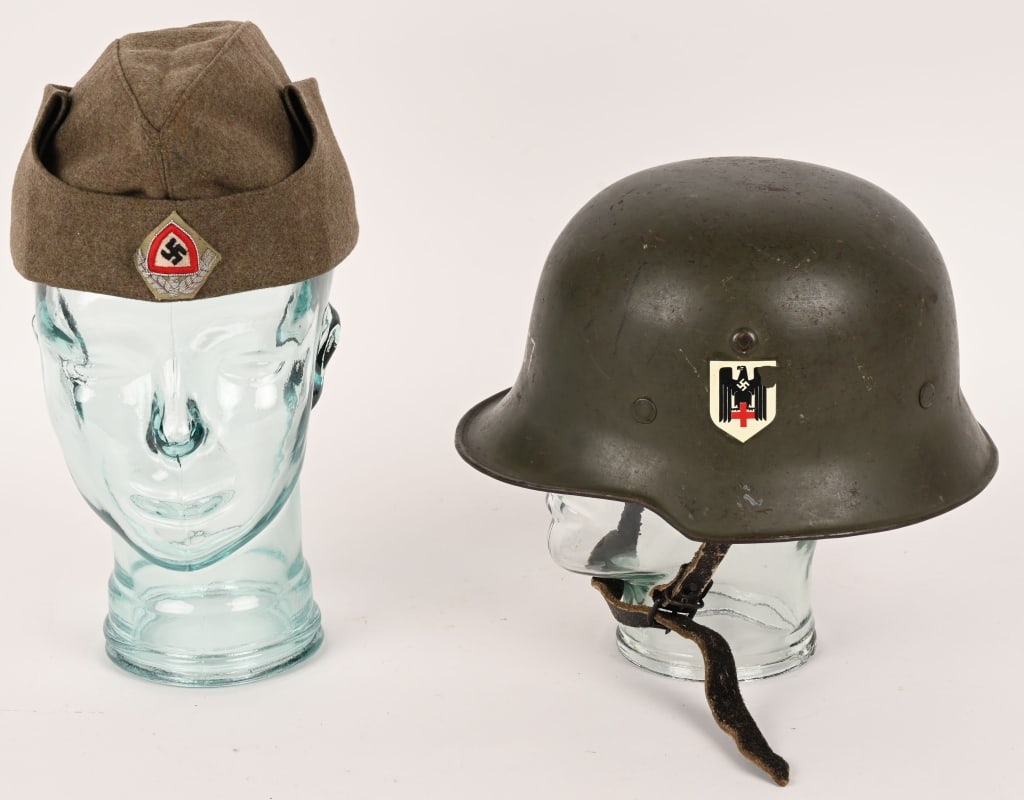 REPRO RED CROSS HELMET & RAD OVERSEAS CAP: Lot of Reproduction RAD Officers Overseas Cap. Cap is roughly a size 54. 2) Original Civil Helmet with Liner with Reproduction Red Cross Decal Comes with original Chinstrap. 