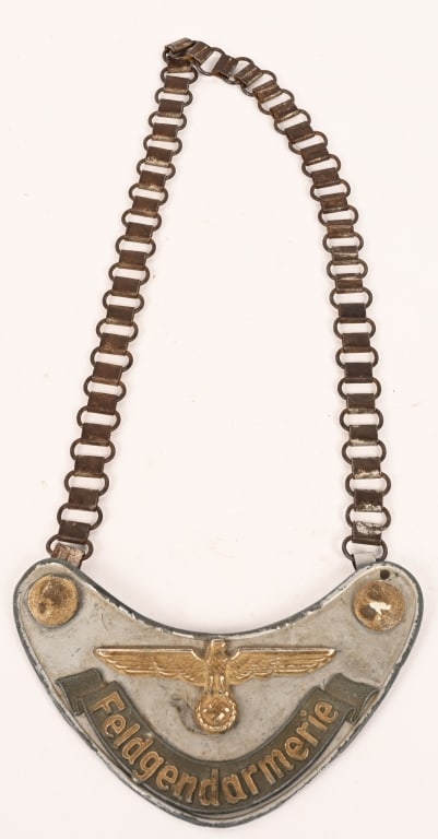WWII NAZI GERMAN FELDGENDARMERIE POLICE GORGET WW2: A Feldgendarmerie (Army Military Field Police) Gorget - a textbook example of multi piece construction both gorget and the chain made entirely of die stamped steel (magnetic) and is aluminum coated wh