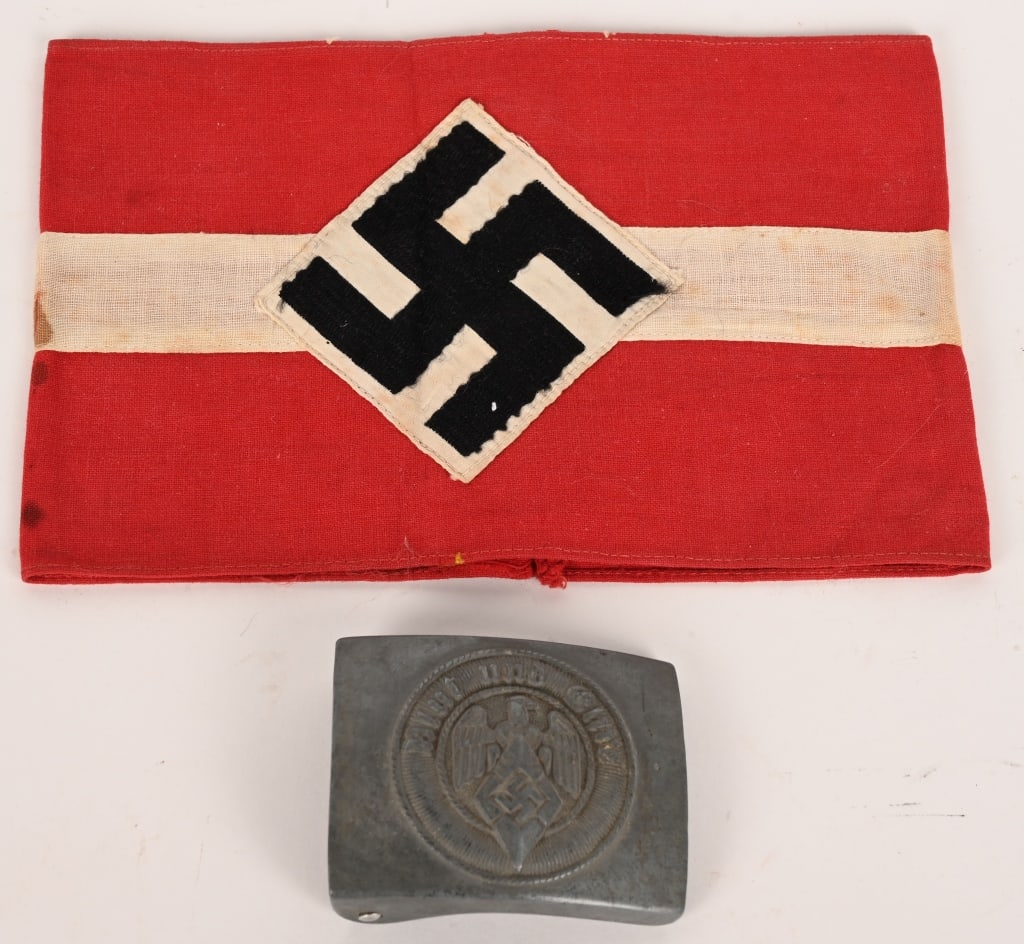 WWII NAZI GERMAN HITLER YOUTH ARMBAND LOT WW2: Lot of WWII Nazi German Hitler Youth items to include 1) HJ MEMBER'S ARMBAND. A later production, three-piece construction, red rayon armband. The armband has a central white horizontal stripe, with a