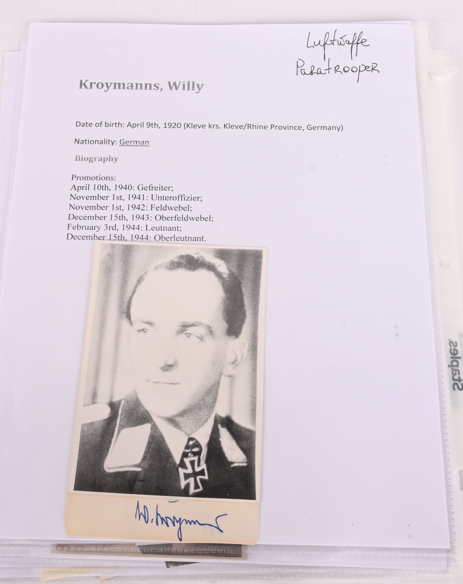 WWII NAZI GERMAN LUFTWAFFE KNIGHTS CROSS PHOTOS: WWII Nazi German Luftwaffe signed Knight's Cross Winner photos to include 1) Heinz Lange Heinz Lange joined the Luftwaffe in 1937. After completing his pilot training he joined 4./JG 234 at Düsse