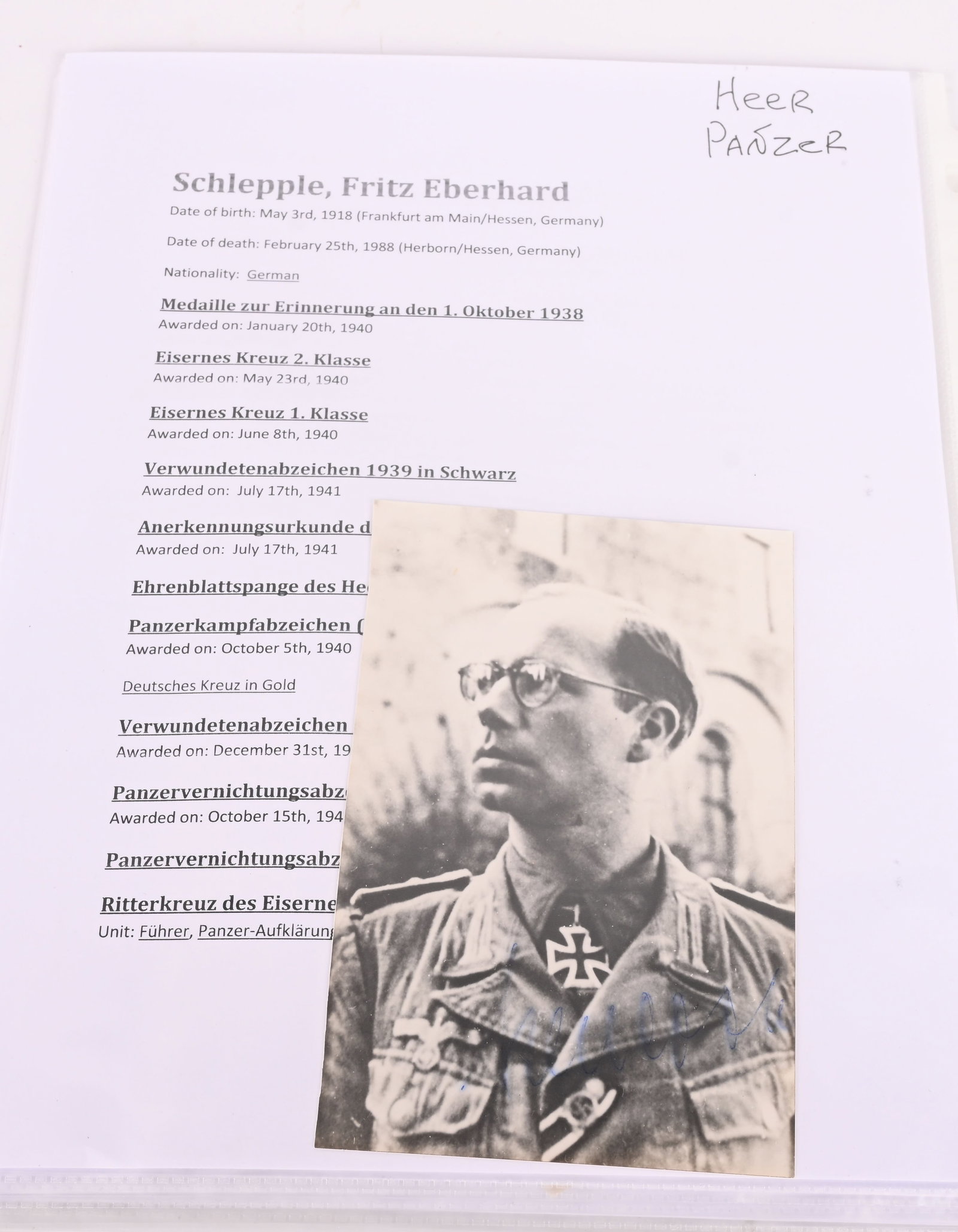 WWII NAZI GERMAN SIGNED KNIGHTS CROSS PHOTOS WW2: WWII Nazi German Signed Photos of Knight's Cross Winners to include 1) JOSEF NIEMIETZ. On 06.07.1943, during a supporting action on the left wing of the 4. Panzerarmee’s attack towards Kursk, Ni