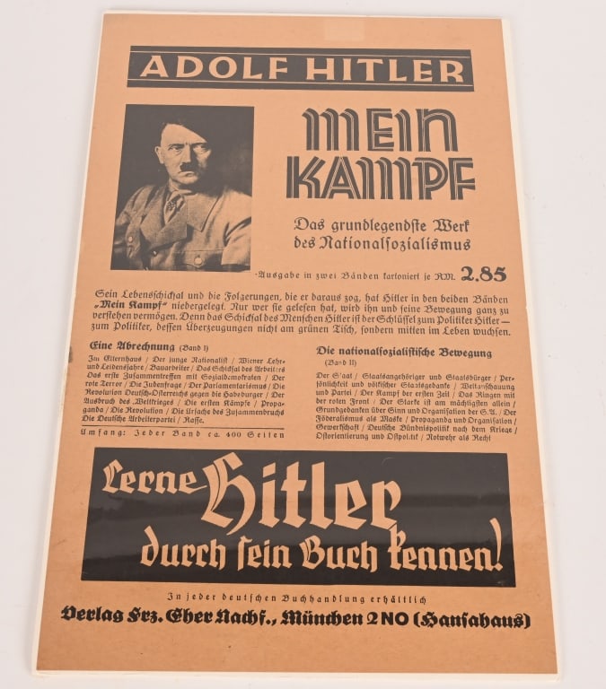 ADOLF HITLER MEIN KAMPF ADVERTISING POSTER: Original advertising poster for Adolf Hitler's Mein Kampf. Original with picture of Hitler. Has some wear and minor stains. 21"x12"