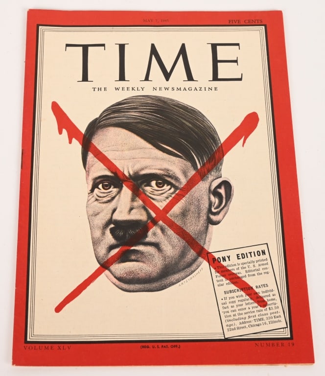 WWII US TIME MAGAZINE ADOLF HITLER DEAD MAY 7th 45: A complete, Pont Edition issue of the iconic May 7, 1945 Time Magazine with a cover featuring Adolf Hitler with a red X drawn through his face signifying his death and the defeat of Nazi Germany. Hist