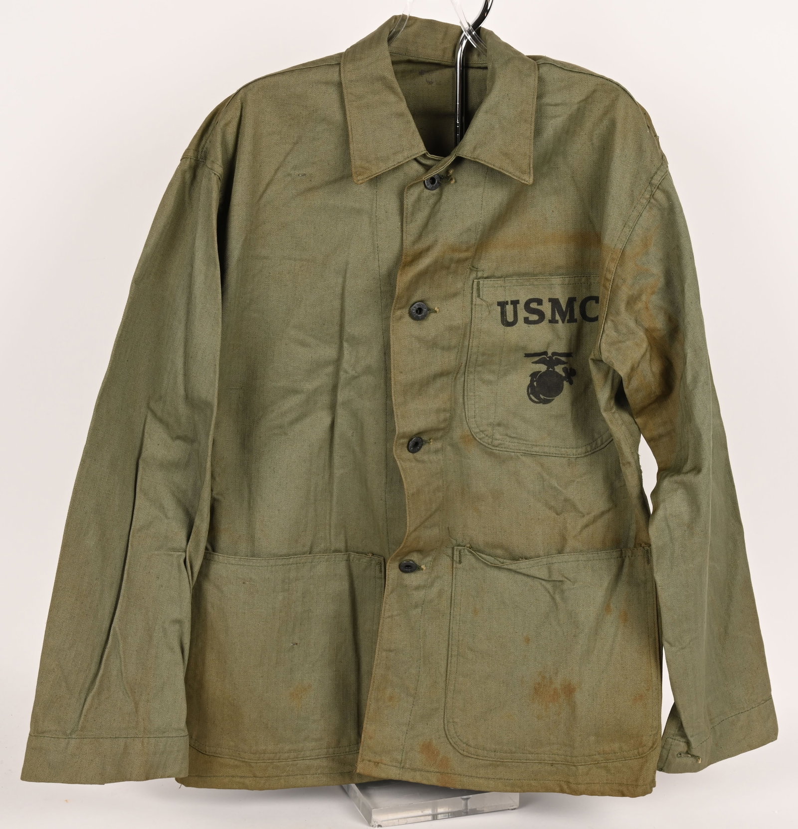 WWII USMC 3 POCKET P 41 HBT SHIRT US MARINES WW2: 1st pattern P-41 United States Marine Corps USMC 3 pocket HBT shirt stenciled EGA.. Size is marked 38 Excellent.