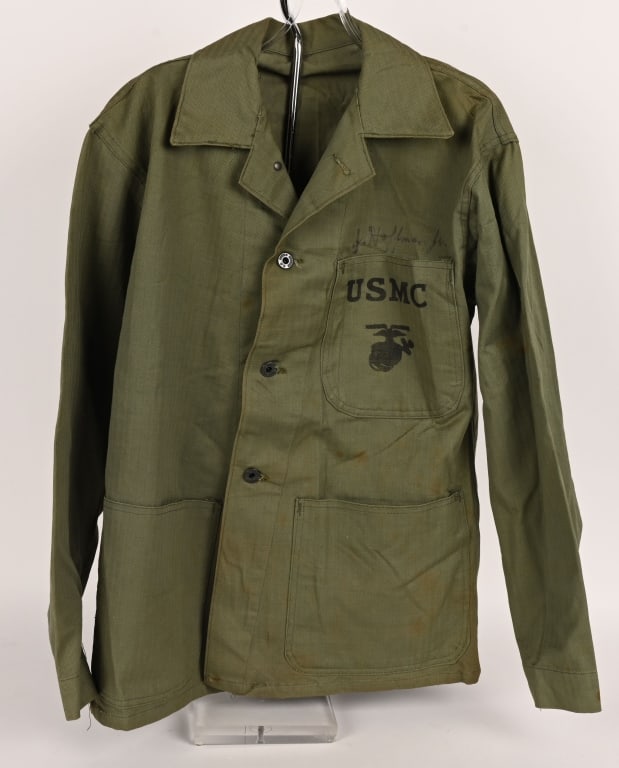 WWII USMC IDED 3 POCKET P 41 HBT SHIRT US MARINES: 1st pattern P-41 United States Marine Corps USMC 3 pocket HBT shirt with the name J.Hoffman Jr. above the stenciled EGA.. Size is roughly a 40R. Excellent.