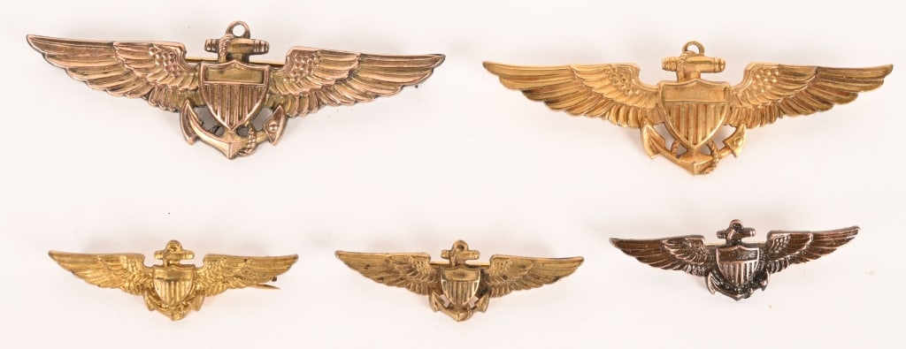 WWII US NAVY MARINE CORPS PILOT WING NAVAL AVIATOR: Lot of WWII US Navy or Marine Corps Naval Aviator wings to include 1) AMICO STERLING 1/20 10K 2 3/4 inch wing marked to the reverse. 2) LGB 1/20 10K 2 3/4 inch wing marked to the reverse. 3) Unm