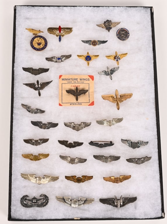 WWII US WINGS & SWEETHEART JEWELRY BADGE LOT WW2: Lot of Aviation related items to include 1) GLIDER INFANTRY BADGE in STERLING 2) STERLING 2 INCH PILOT WINGS 3) AMICO AERIAL GUNNERS WINGS IN STERLING. Wings measure 2 inches 4) STERLING 2 INCH PILOT 