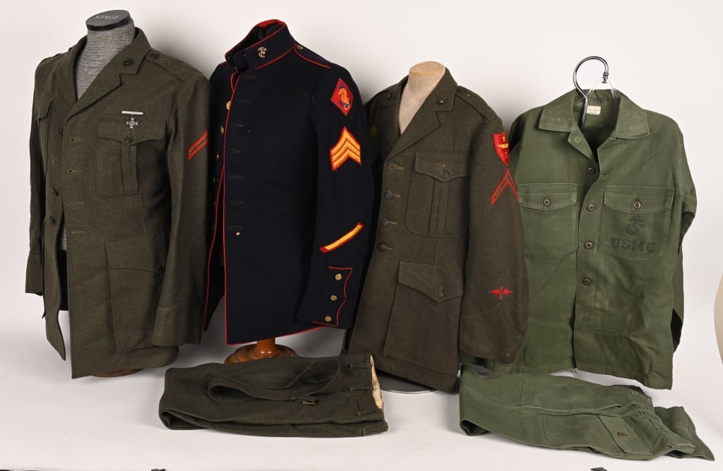 WWII & POST USMC MARINE CORPS UNIFORM LOT WW2: Lot of US Marine Corps Uniform lot to include 1) 1974 USMC FATIGUES BOTH SHIRT AND TROUSERS. Shirt is marked 14 1/4 X 33 2) WWII USMC 1ST AIR WING UNIFORM. Uniform is complete with trousers and EGA's.