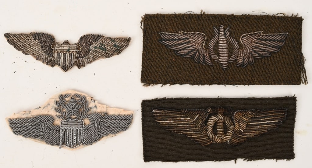 WWII THEATER MADE BULLION WINGS PILOT BOMBARDIER: Lot of WWII Us Army Air Corps Bullion Wings to include 1) WWII Theater Made Pilot Wings in Bullion Threads. 2) WWII Command Pilot Wings in Bullion Threads.3) WWII Theater Made Bullion Bombardier