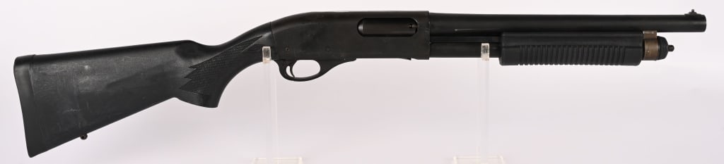 REMINGTON 870 POLICE MAGNUM SBS CLASS III 12 GA.: SERIAL NUMBER: B992256M BARREL: 14" CALIBER: 12 GA. MANUFACTURED: 2000's Metal is standard mat finish with bead front sight. Black polymer stock and forend with rubber butt pad. CONDITION: metal has 8
