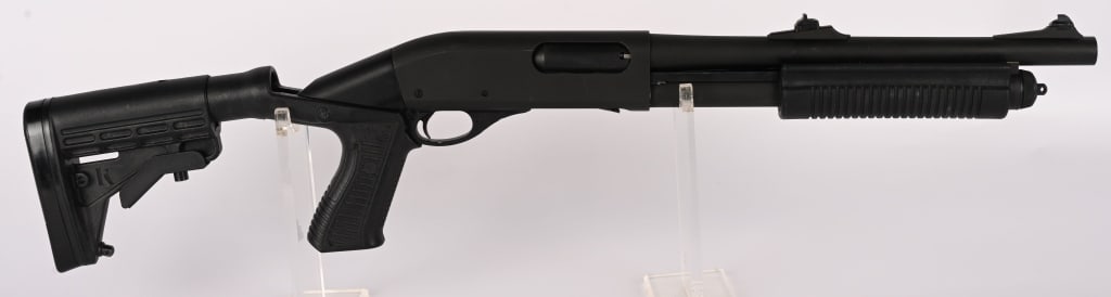 REMINGTON 870 POLICE MAGNUM SBS CLASS III 12 GA.: SERIAL NUMBER: AB422223M BARREL: 14" CALIBER: 12 GA. MANUFACTURED: 2000's Metal is standard mat finish with rifle type sights. Black polymer Spec-Ops stock and forend with rubber butt pad. CONDITION: 