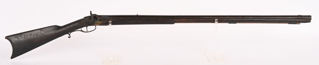 L. ROGERS XENIA OHIO PERCUSSION FULLSTOCK RIFLE: SERIAL NUMBER: N/A, BARREL: 37 1/2", CALIBER: about .45 rifled, Rifle made by L. Rogers in Xenia Ohio. Rogers made firearms from the 1860s to about 1880. Features full length octagon barrel with v not