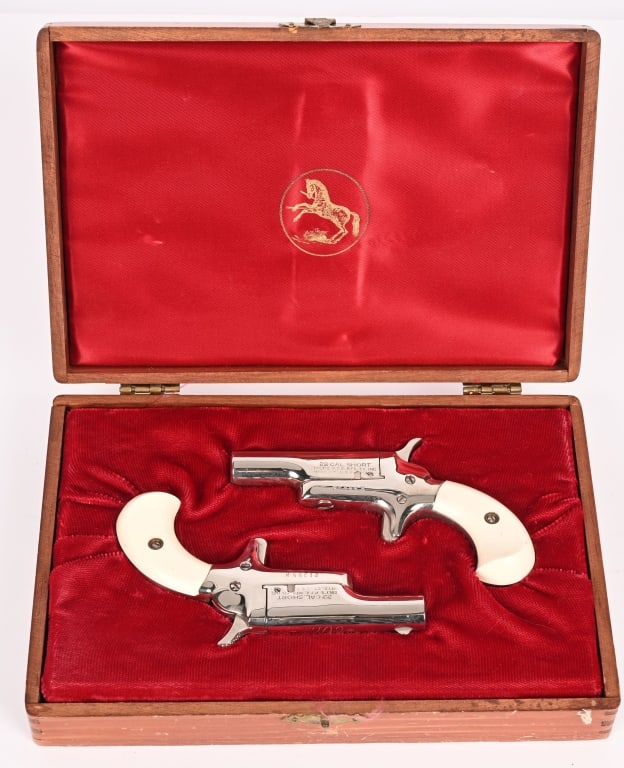CONSECUTIVE SET OF COLT 4TH MODEL DERRINGERS: SERIAL NUMBER: 21355N SERIAL NUMBER: 23156N BARREL: 1 1/2", CALIBER: .22 SHORT. MANUFACTURE: 1960-1063. This is a beautiful presentation set of consecutive serial numbered 4th model pistols. They