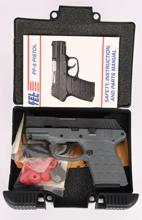 KEL-TEC PF-9 SEMI AUTO PISTOL: SERIAL NUMBER: RZC04. BARREL 3". CALIBER 9MM. Polymer frame, matte finish, double action, white dot combat sights and (1) 7 round magazine. Factory hard case and manual. CONDITION: Very Good. The