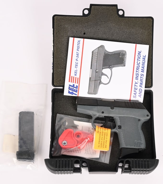 KEL-TEC P-3AT SEMI AUTO PISTOL: SERIAL NUMBER: K4867. BARREL: 2 3/4". CALIBER: .380 ACP. 6 round semi-auto pistol with polymer frame and blued slide. (2) magazines included. Matching factory box with manual. CONDITION: Very Good.