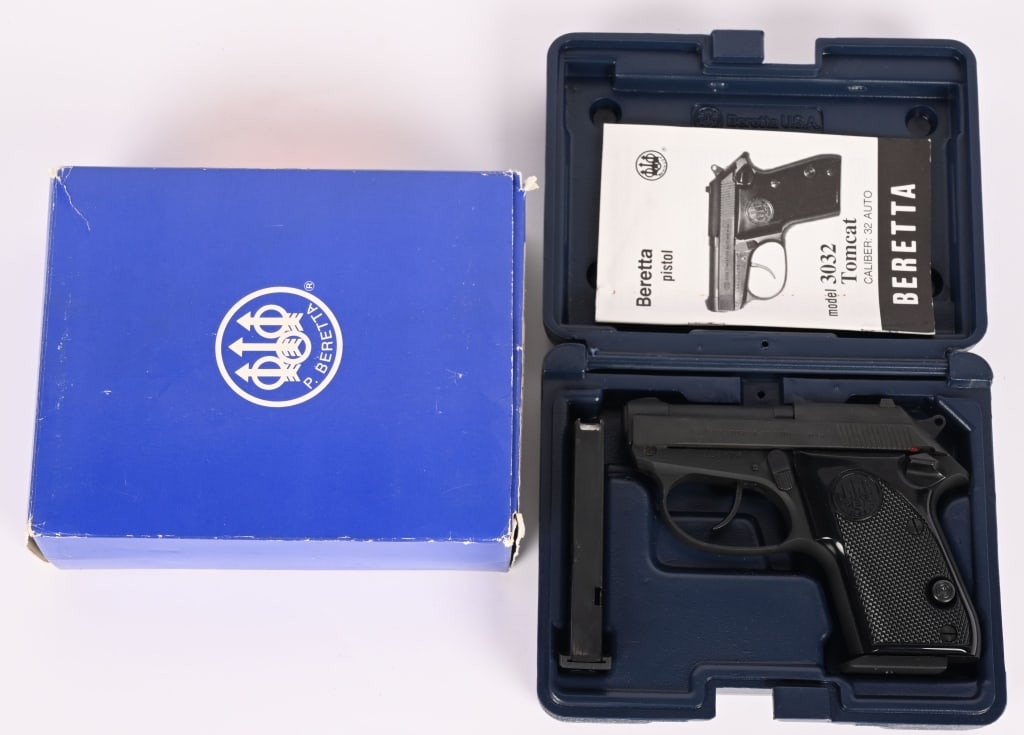 BERETTA 3032 TOMCAT SEMI AUTO PISTOL W/ CASE: SERIAL NUMBER: DAA236876. BARREL: 2-1/2". CALIBER: .32 ACP. MANUFACTURED: 2000s. Made in the USA, with standard markings and features. Factory sights, matte slide and checkered black plastic grips.